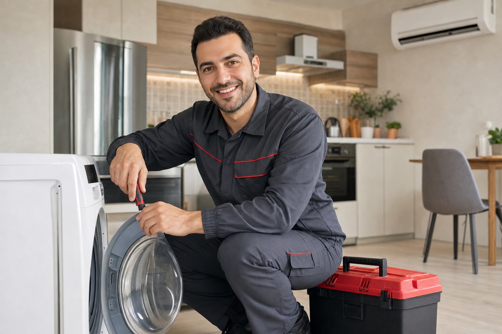 Bölgendeki Servis uzman teknisyeni çamaşır makinesi onarımı yapıyor